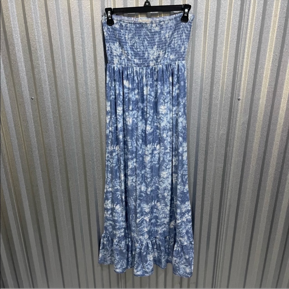 Strapless Blue Tie Dye Midi Dress